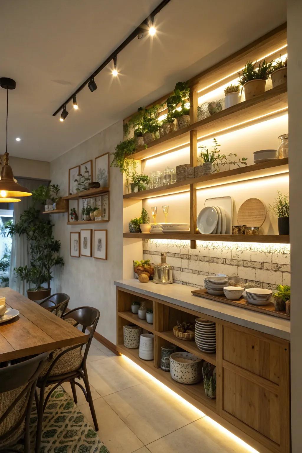 Subtle lighting under ledges boosts the kitchen's mood.