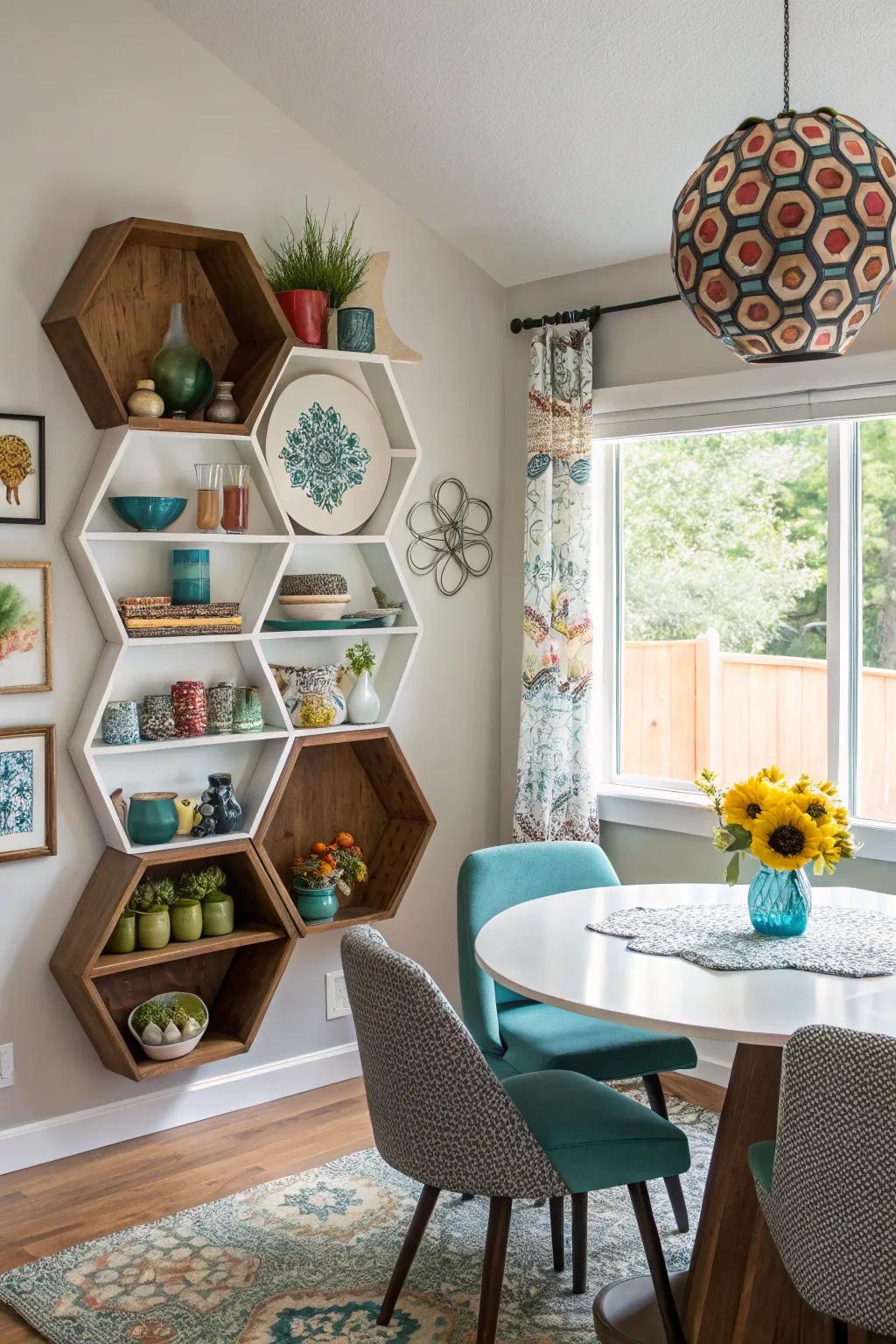 Geometric shelves introduce captivating architectural intrigue.