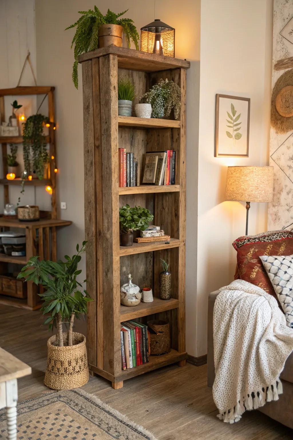 Rustic corner shelves fashioned from reclaimed wood in a cozy room.