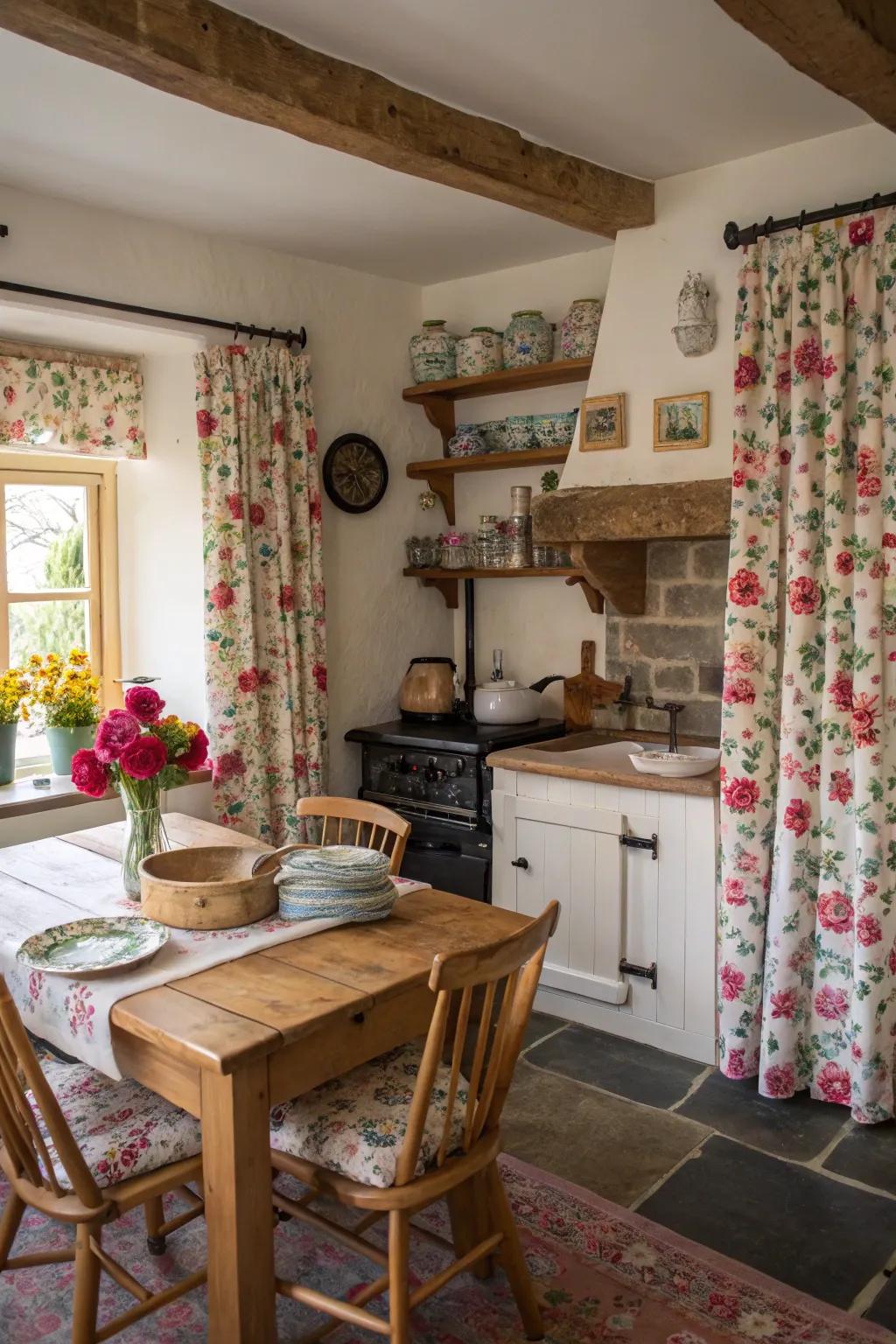 Botanical textiles accentuate the snug sensation of this cottage kitchen.