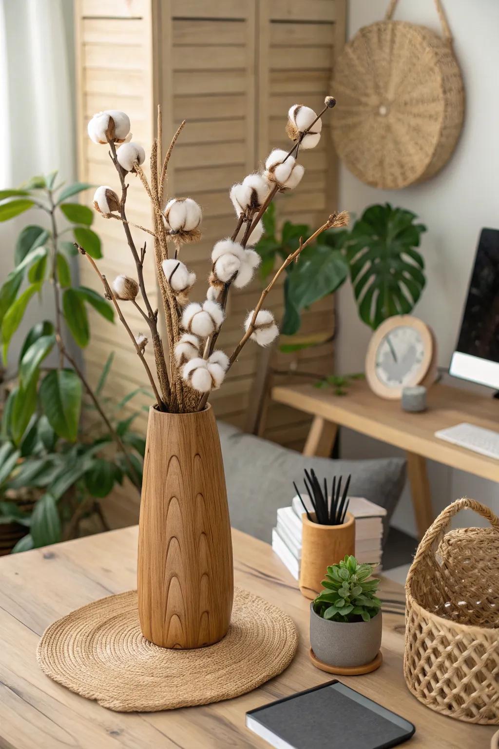 Harmonious simplicity achieved with a wooden vase and cotton stems.