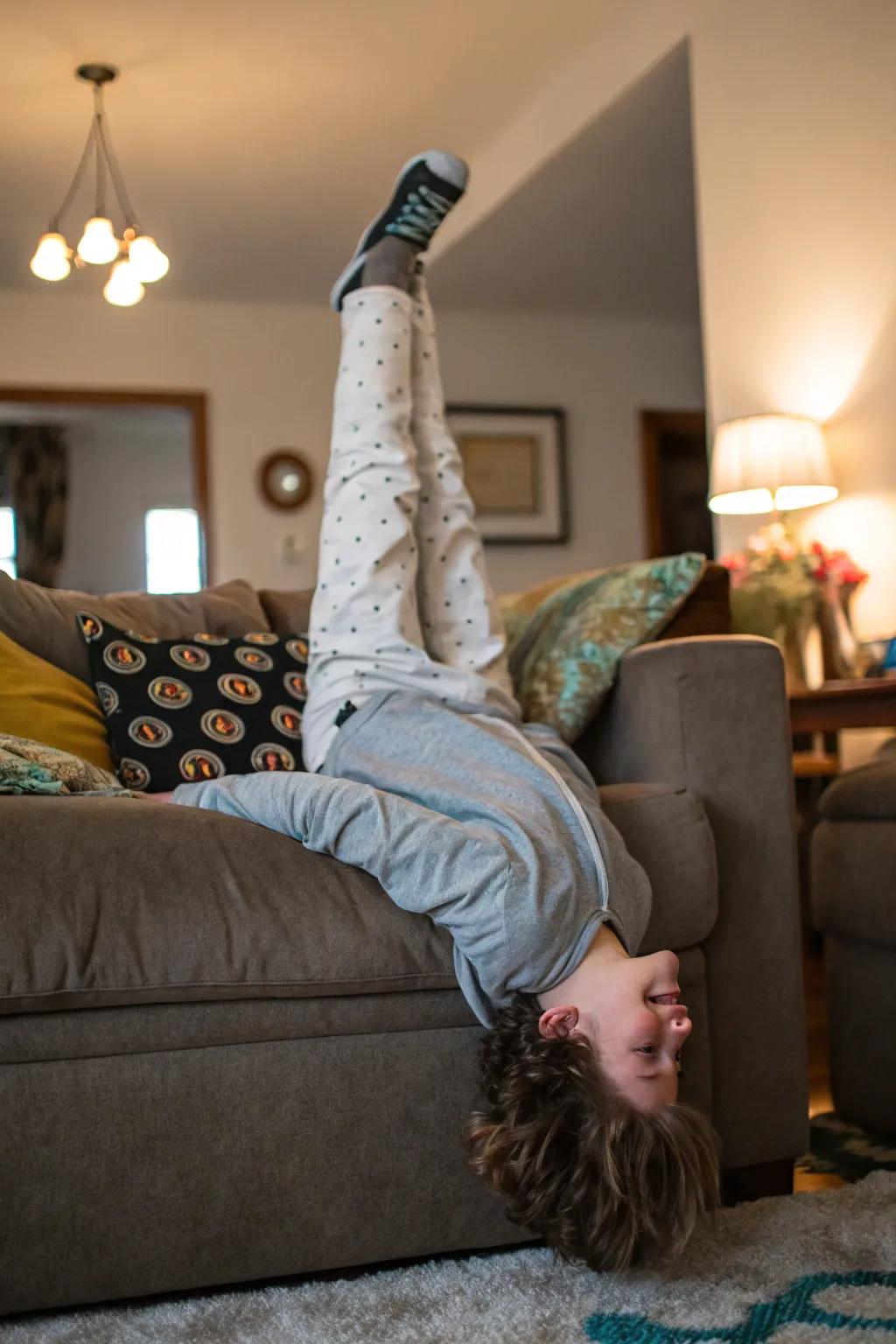 Inverted amusement introduces a whimsical spin to your couch pose.