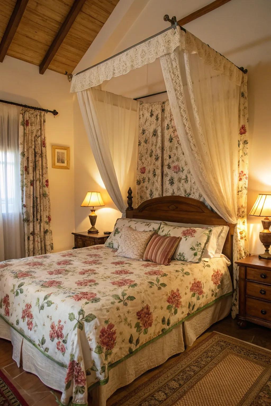Floral patterns bring a touch of the garden into the bedroom.