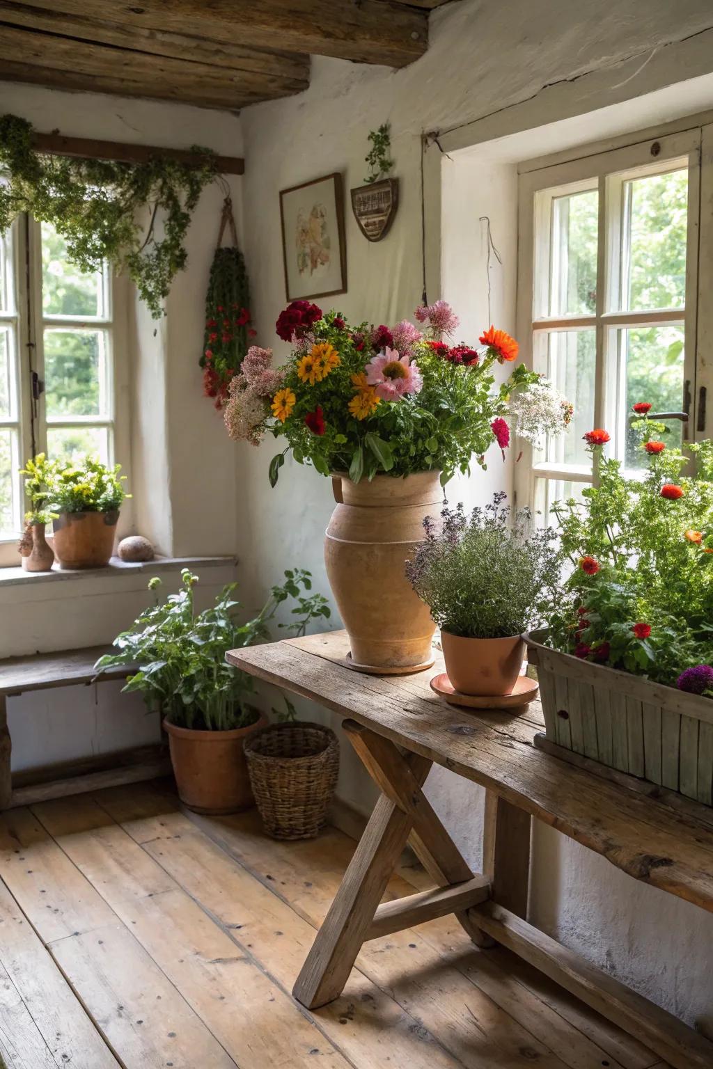 An inviting interior featuring natural elements like blossoms and greenery.