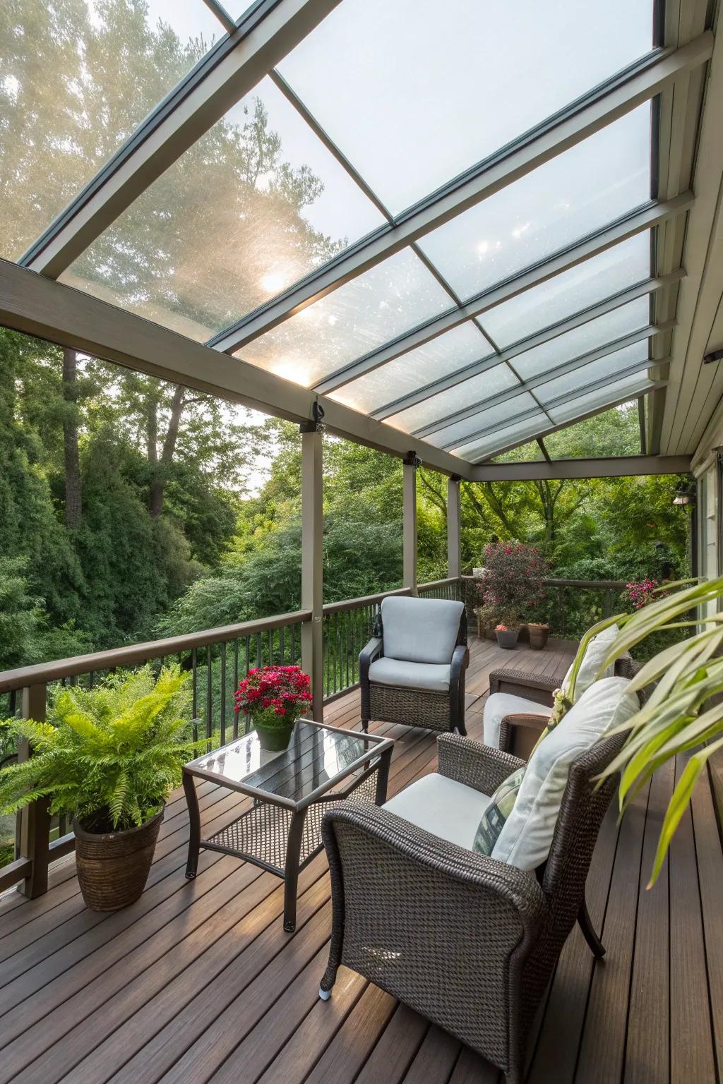 A luminous and airy deck space featuring a transparent roof.