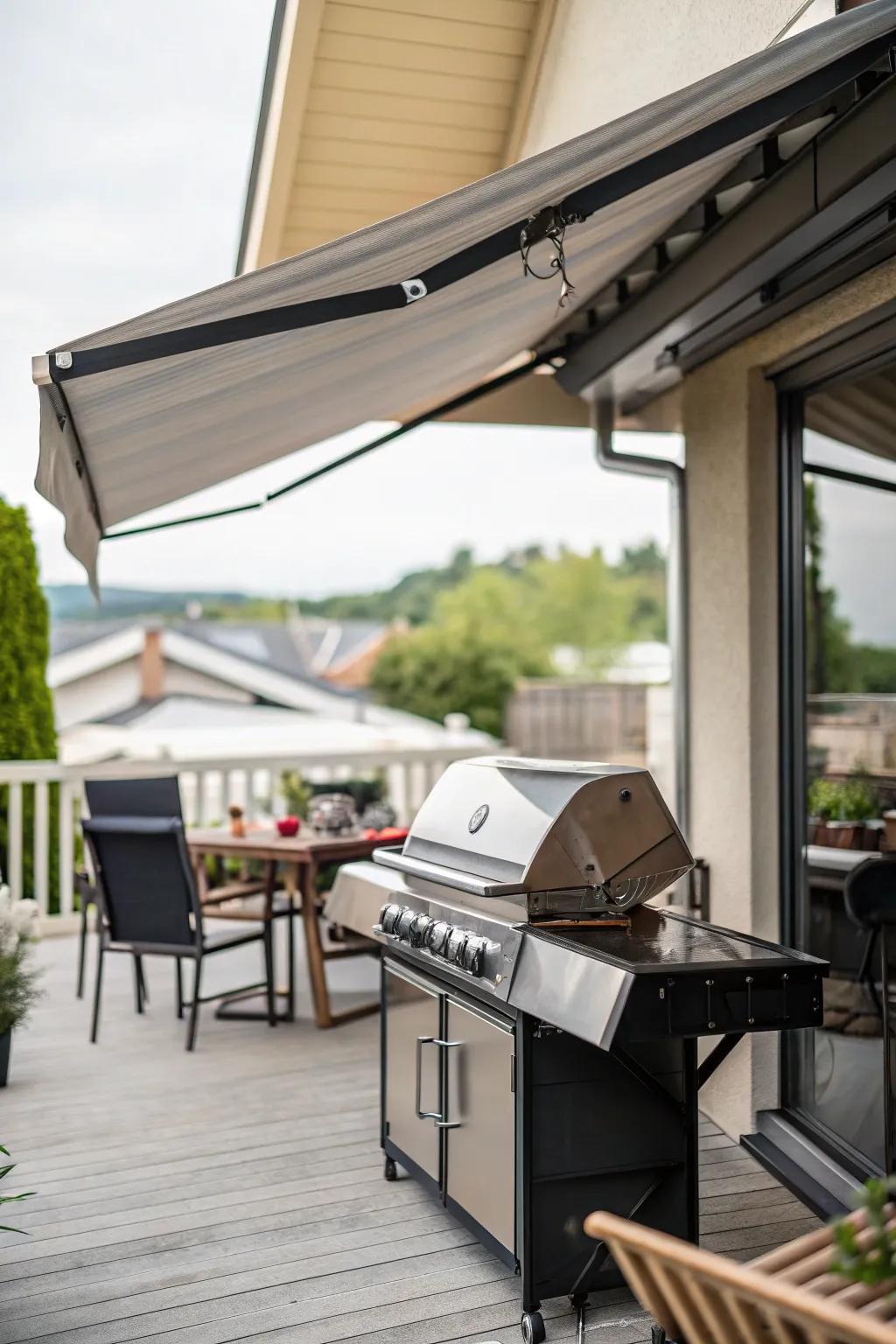 A versatile sliding sunshade providing shade for a cooking zone.