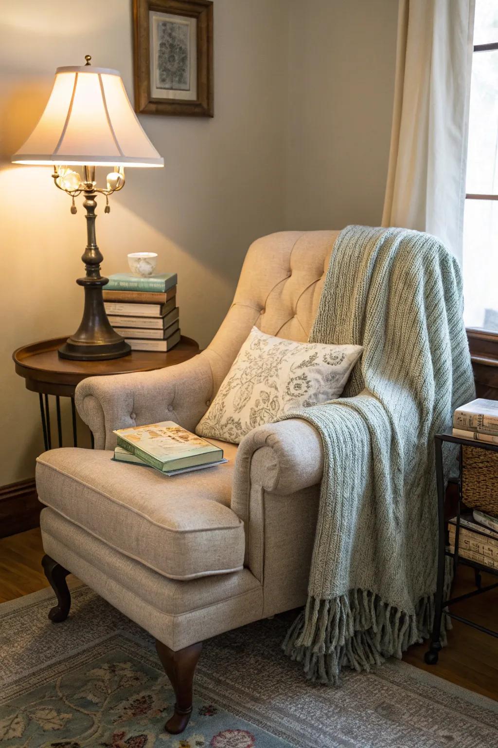 A reading spot offers an ideal place to relax and unwind.
