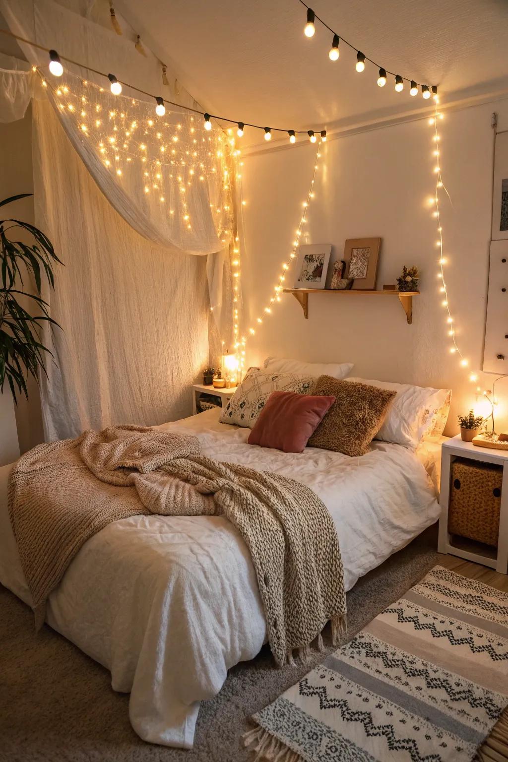 Warm lighting enhances the comfortable atmosphere of compact bedrooms.