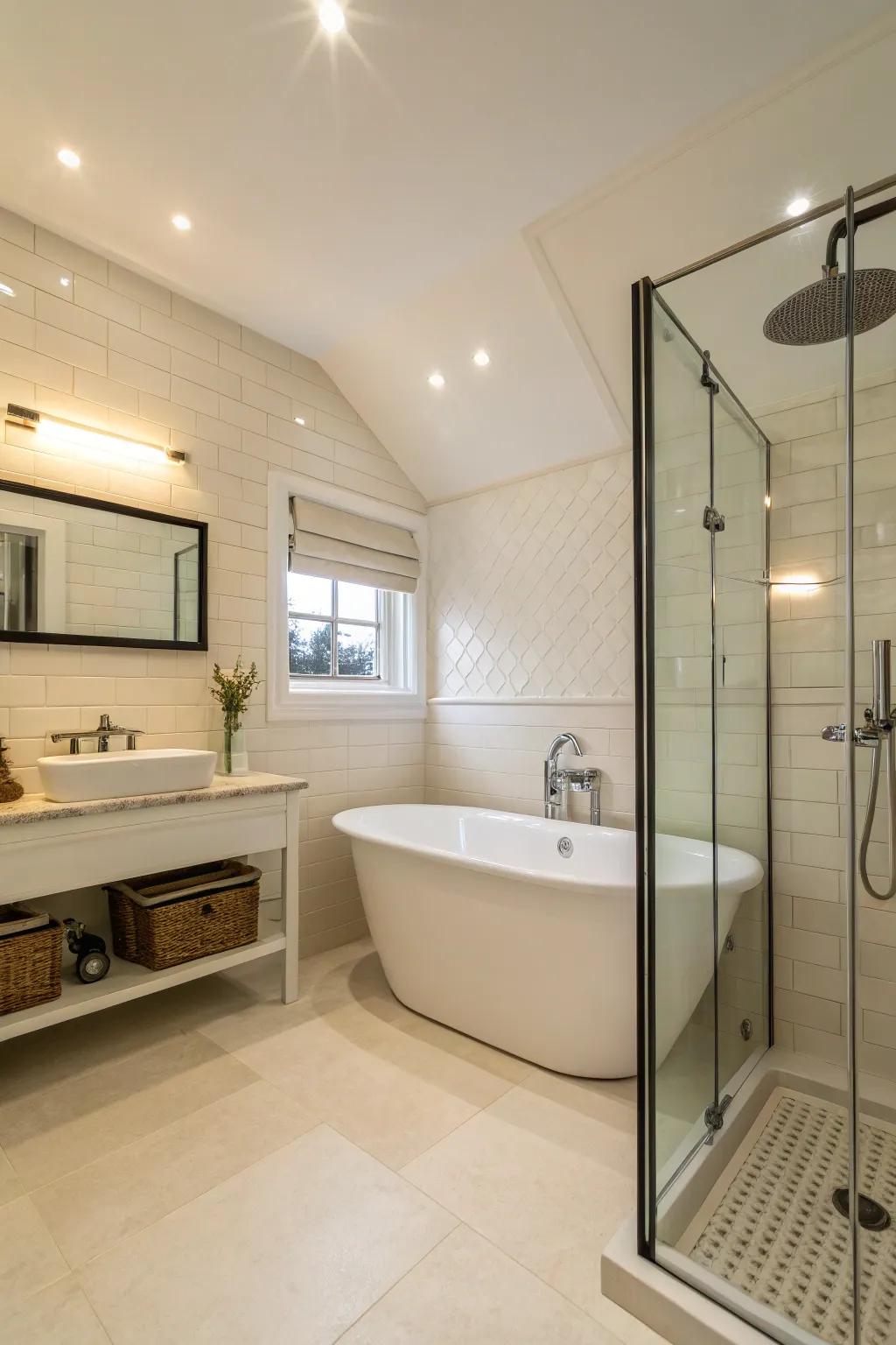 A separate bathtub contributes an element of extravagance to this cream bathroom.