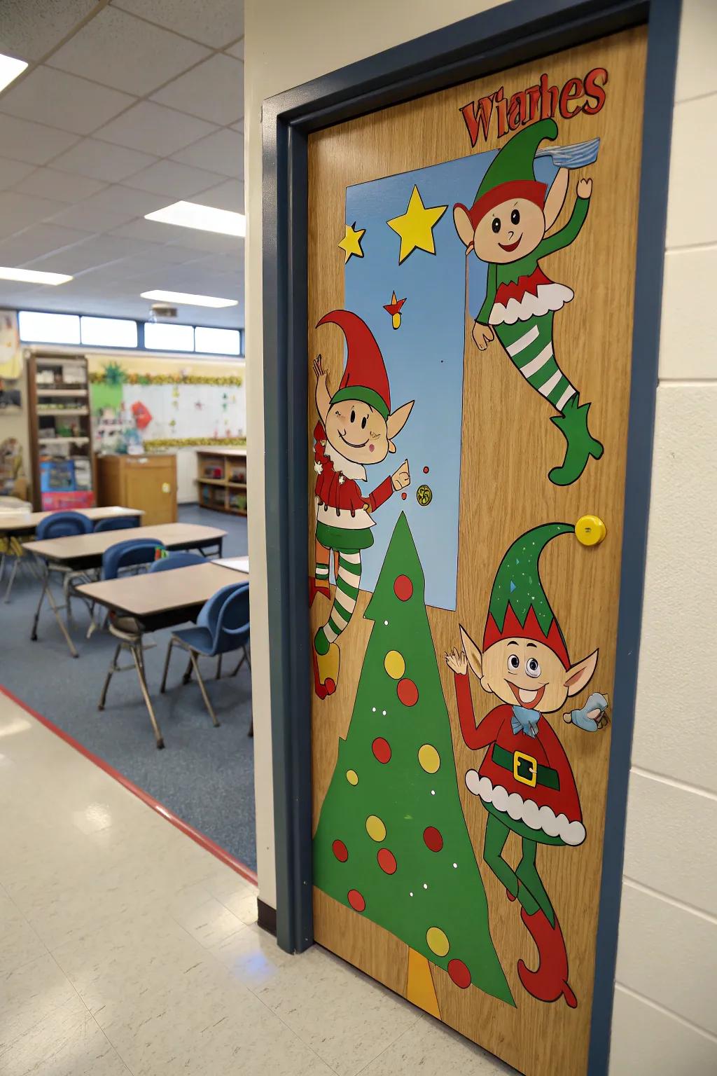 A classroom door populated with playful elves, introducing a dash of enchantment and mischief.