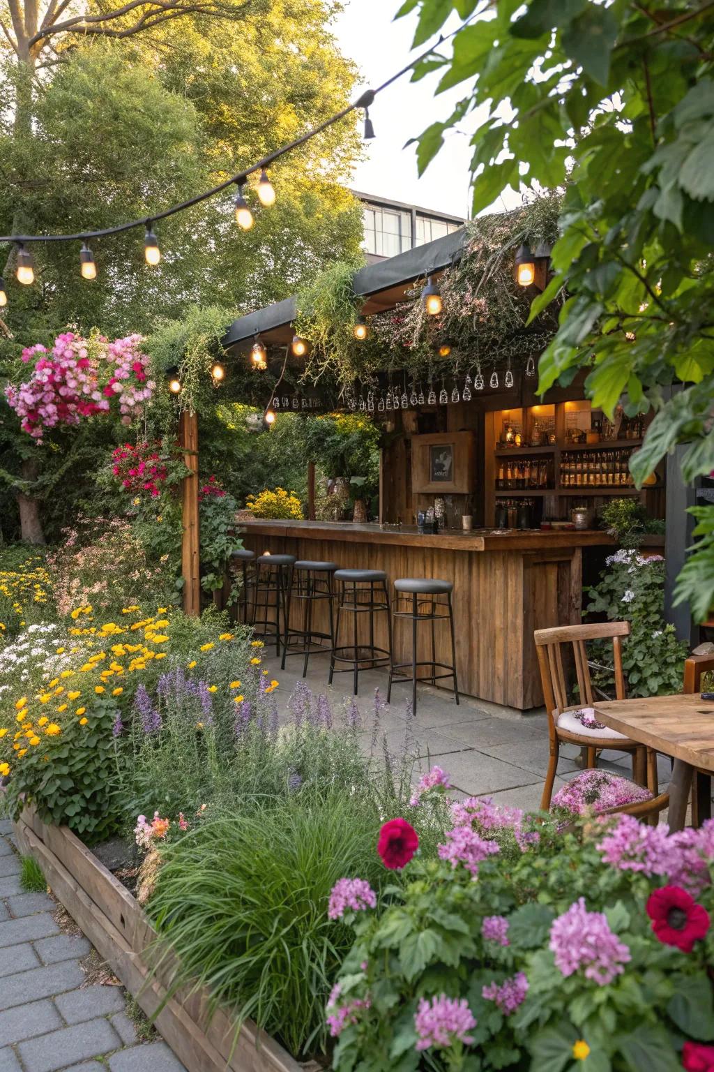 An outdoor bar exquisitely incorporated into the garden's embrace.