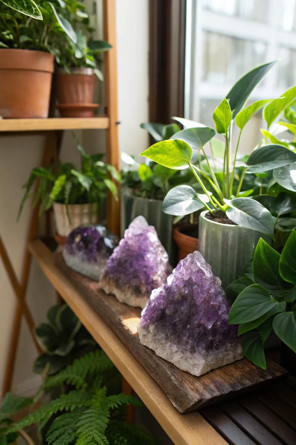 Amethyst crystals combined with indoor flora, fostering a natural setting.