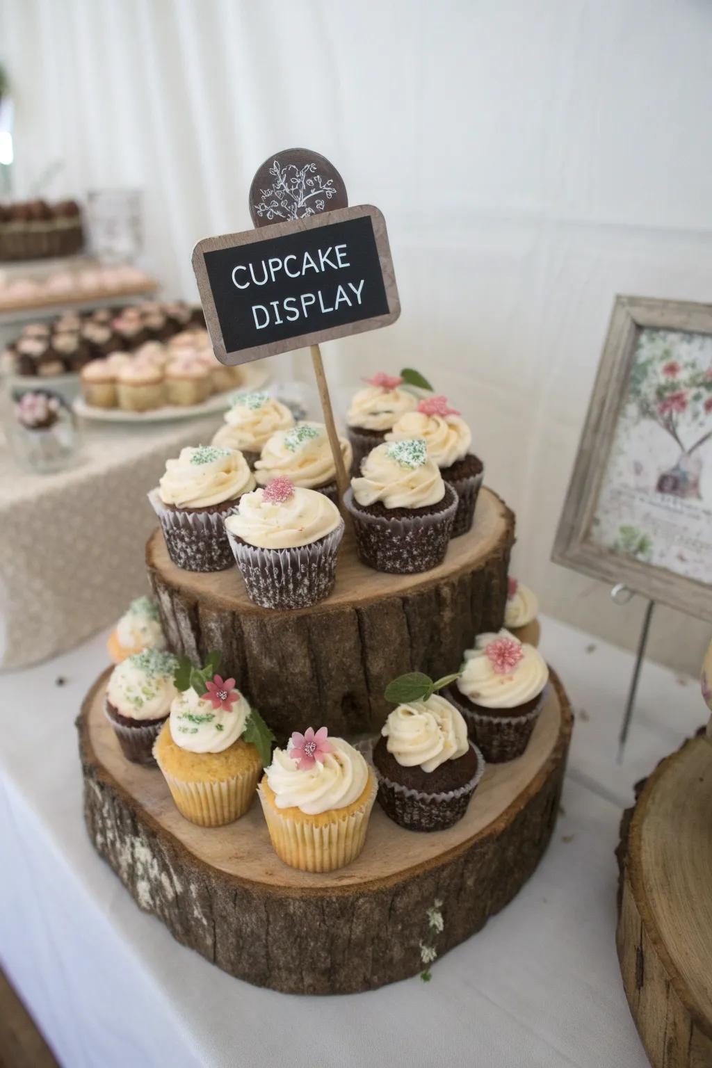 Personalized signage enhancing the homemade feel of the cupcake display.