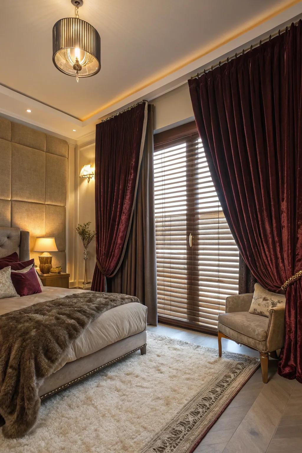 Velvet fabrics infuse opulence and warmth over blinds.