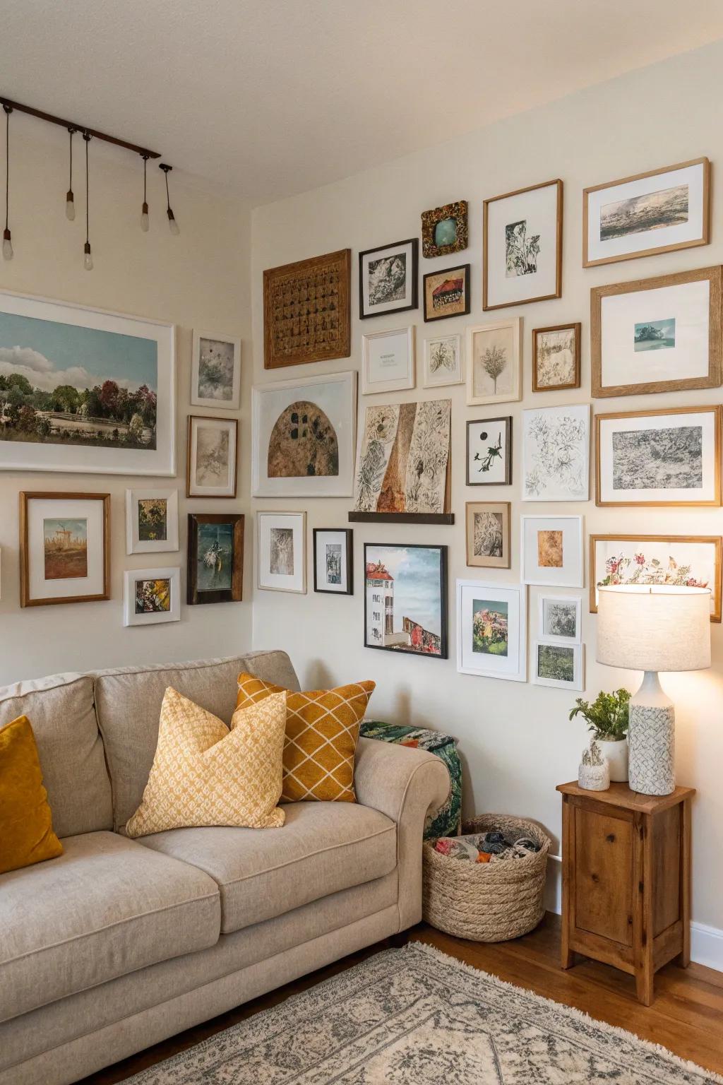 A gallery wall showcasing personal artistic creations and images.