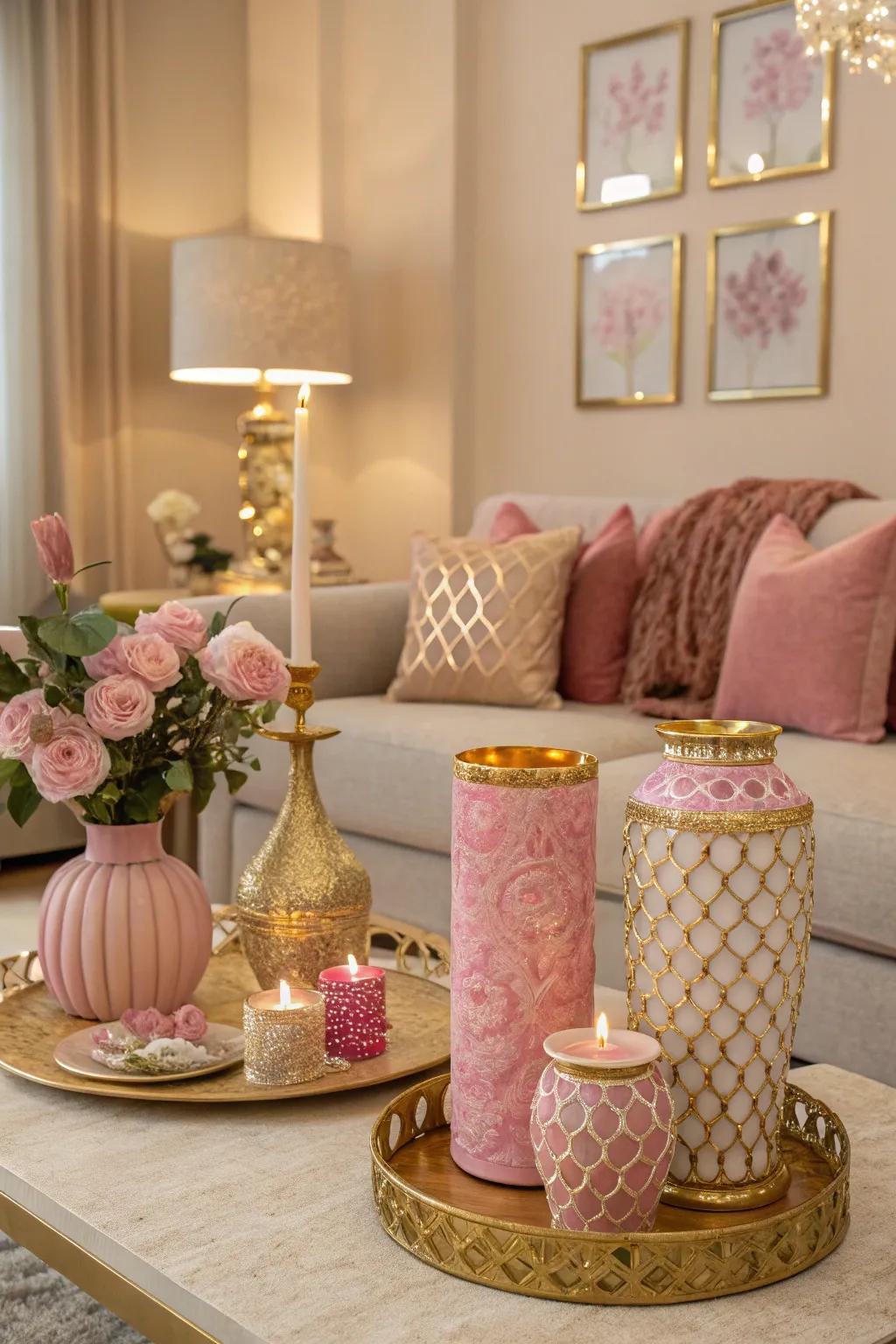 Rose and gold highlights introduce a dash of glamour to the living room.
