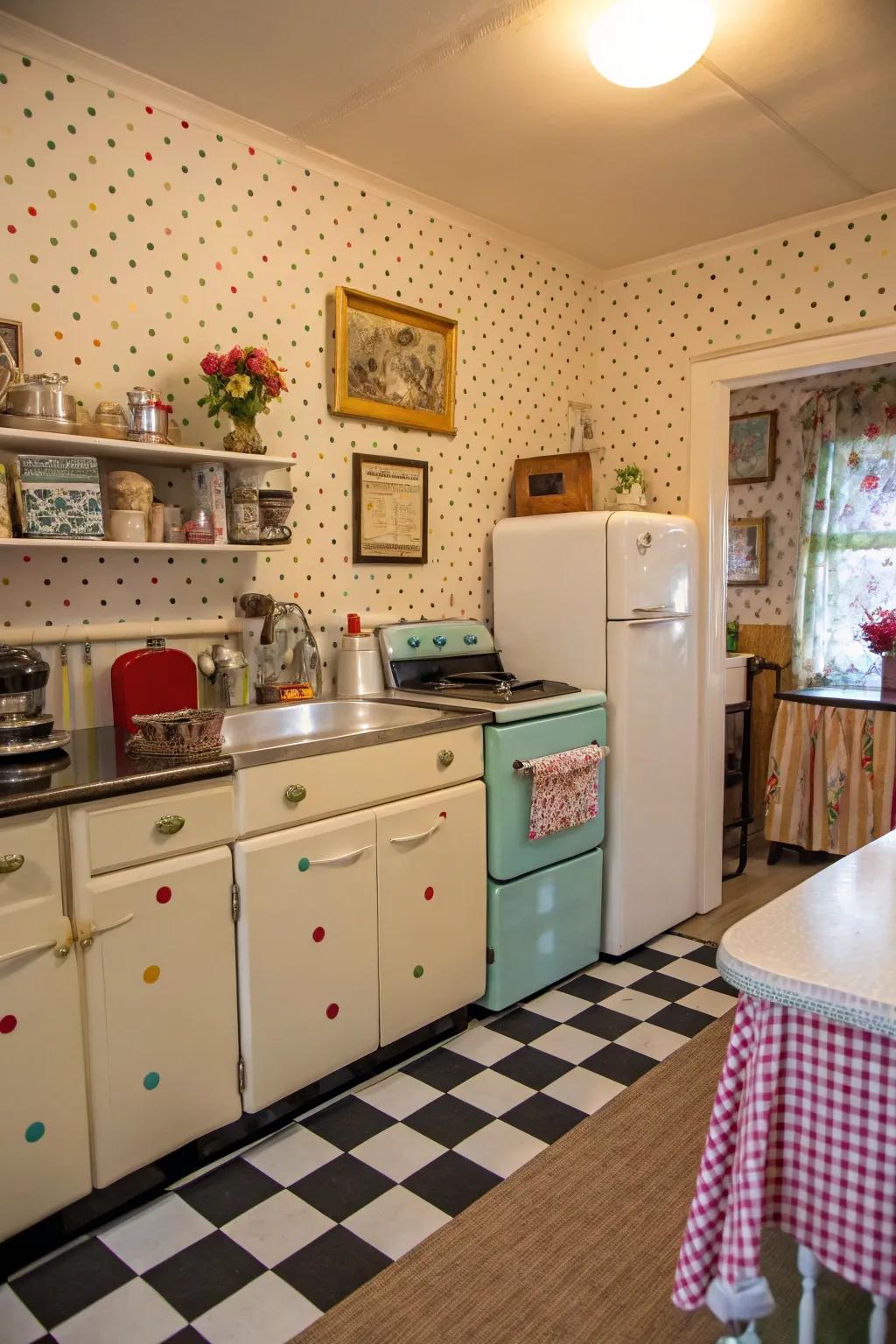 A cooking area featuring spot wall covering, delivering an old-fashioned and fun touch.