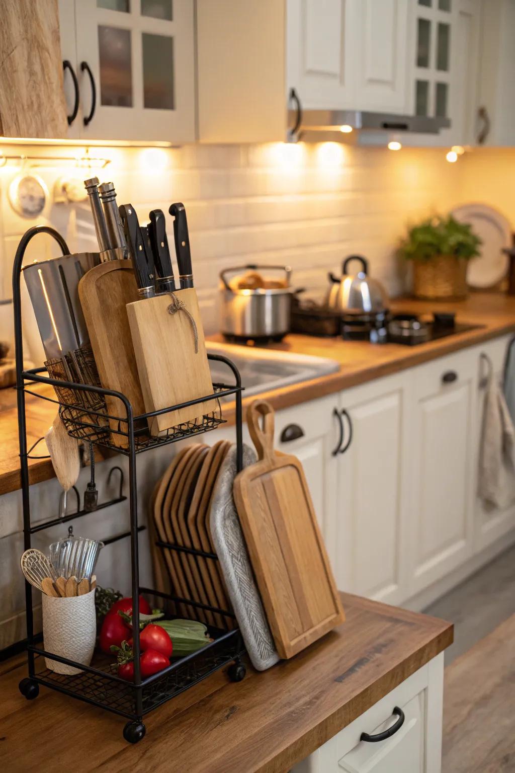 Multi-functional racks providing storage for cutting boards and other items.