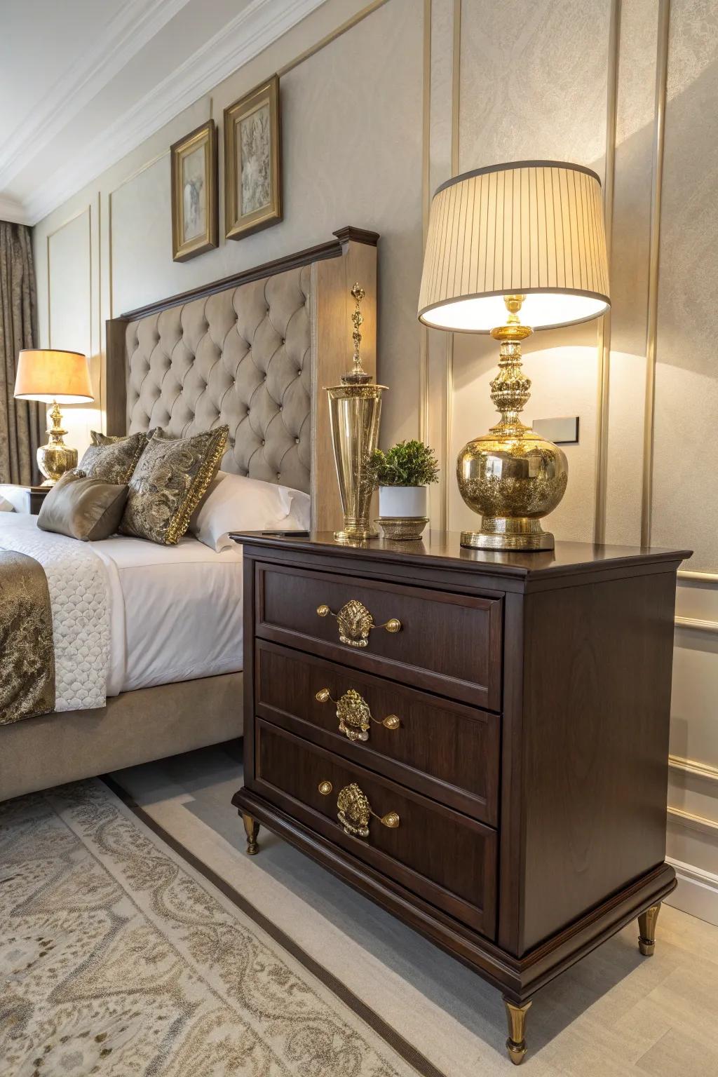 Warm metallic elements enhance the elegance of deep brown decor.