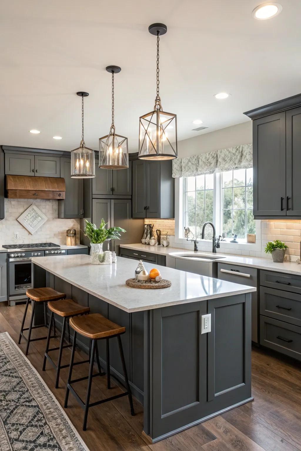 Hanging lights accentuating the elegance of charcoal-toned cabinets.