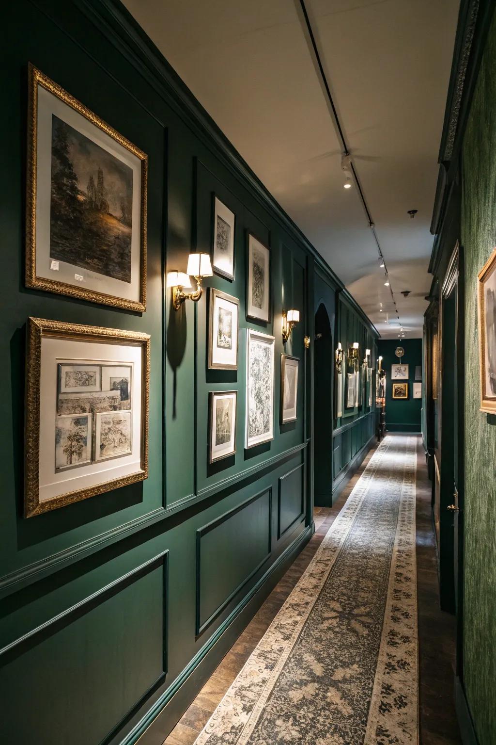 A picture display personalizes this hallway painted in dark green.