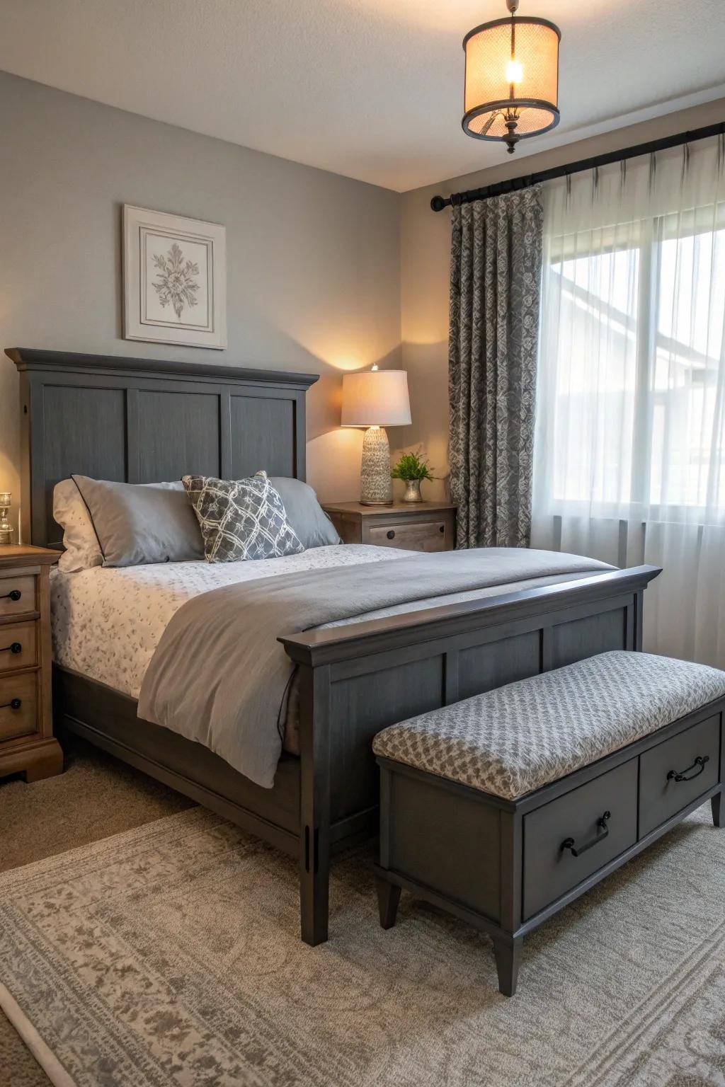 Functional furniture complements the dark grey bed frame.