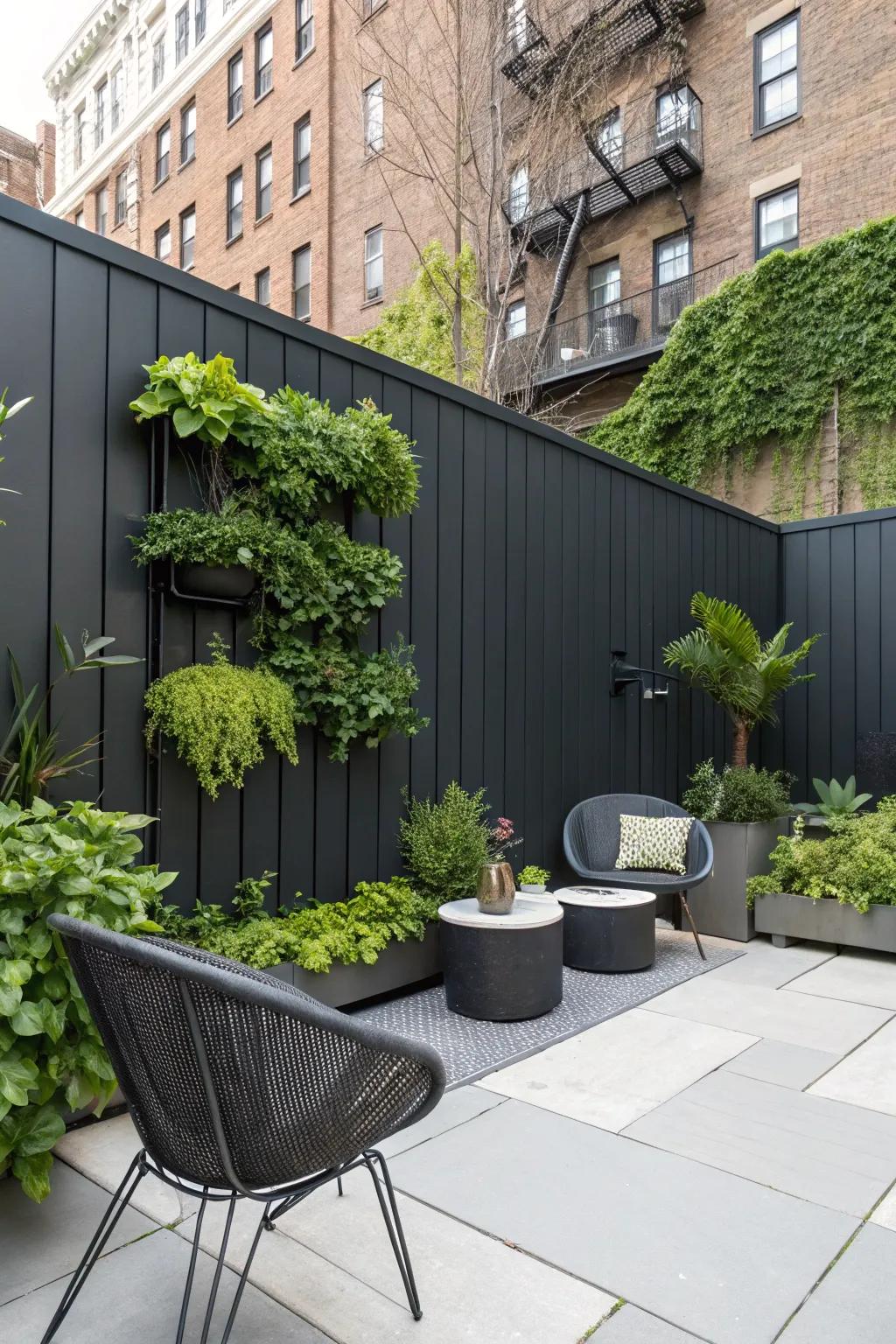 An urban oasis featuring a charcoal-toned fence and a vibrant vertical garden.
