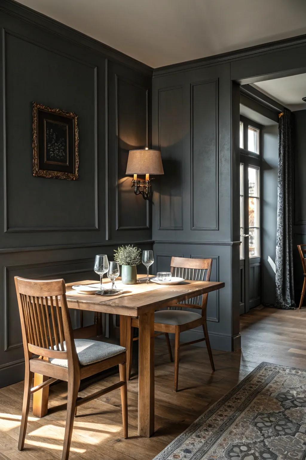 An elegant dining space featuring dark grey accents.