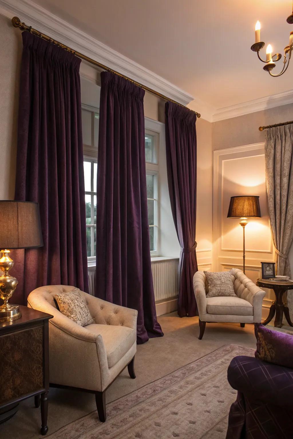 Deep violet drapes introduce elegance and privacy to this sophisticated living area.
