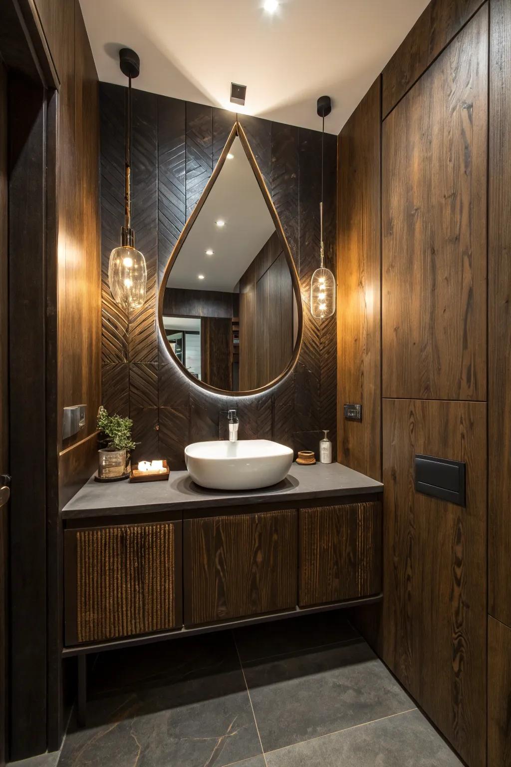 An unconventionally shaped mirror highlights the current allure of deep wood.