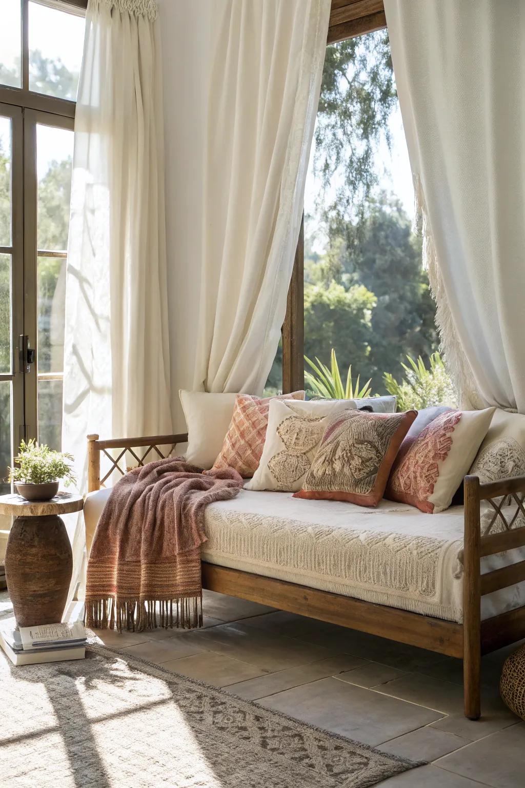 Natural light accentuating the inviting essence of this daybed arrangement.