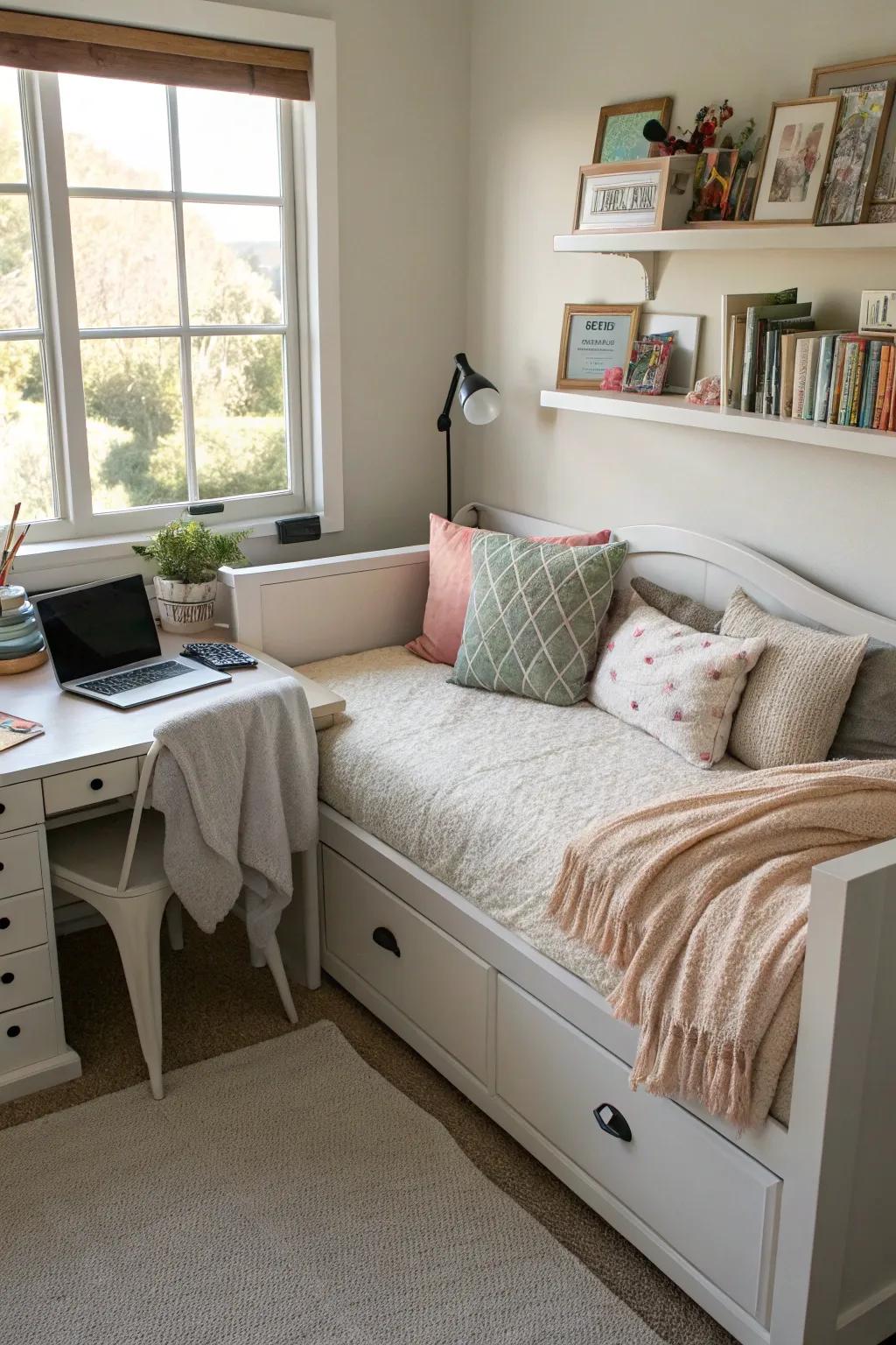 Harmonize work and leisure by including a daybed in your home office.