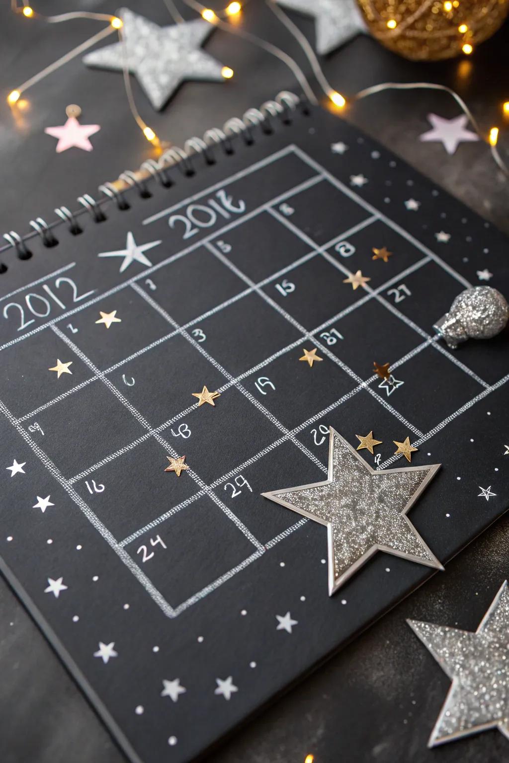 A magical starlit night-themed chalkboard calendar.