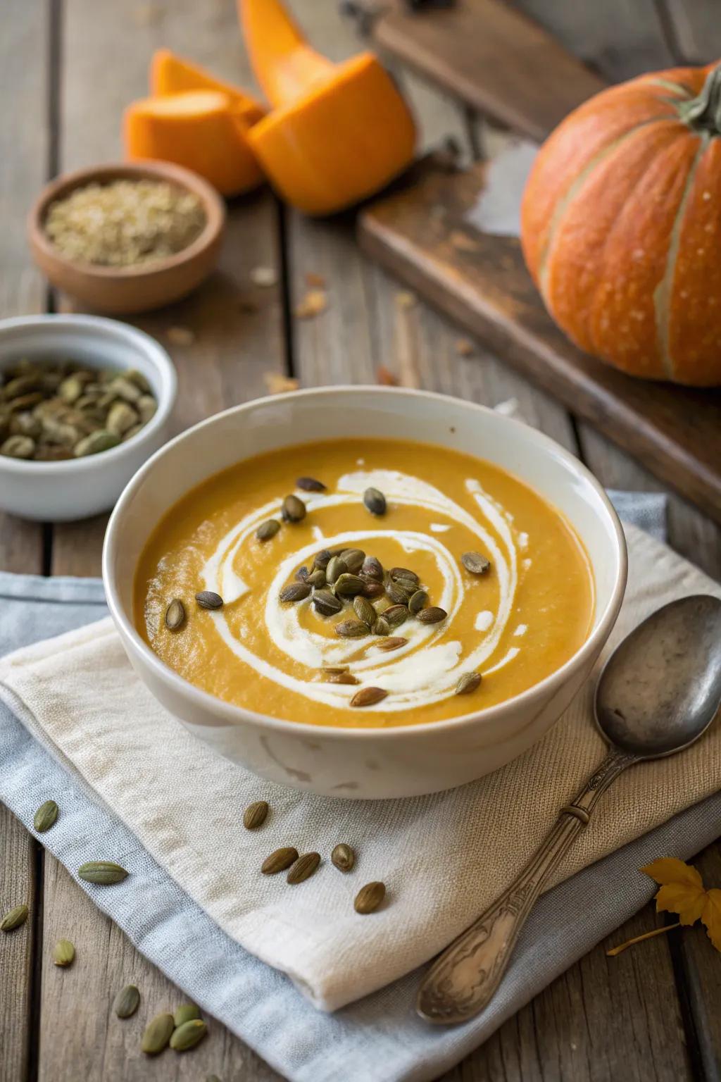 Creamy pumpkin soup, a heartwarming introduction to any December feast.