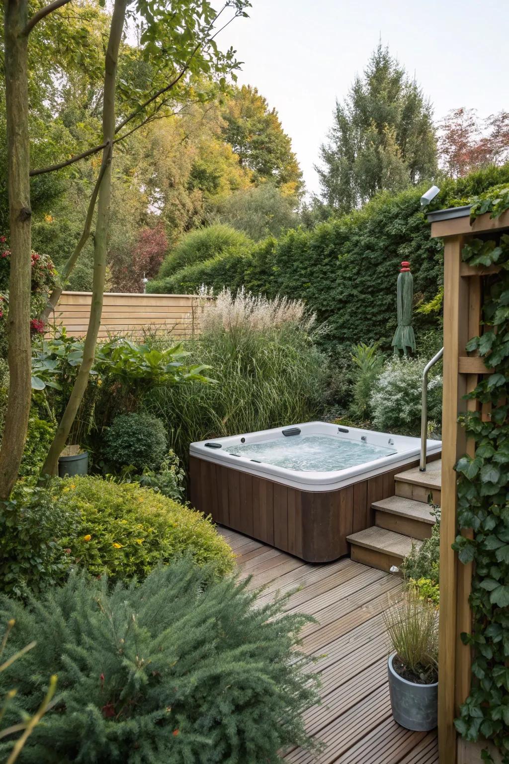 Lush vegetation provides beauty and solitude around the hot tub.