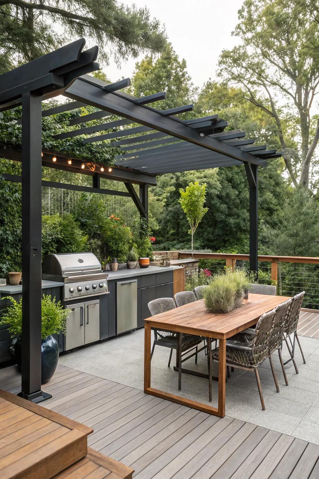 An outdoor cooking area beneath a pergola, ideal for culinary enthusiasts.