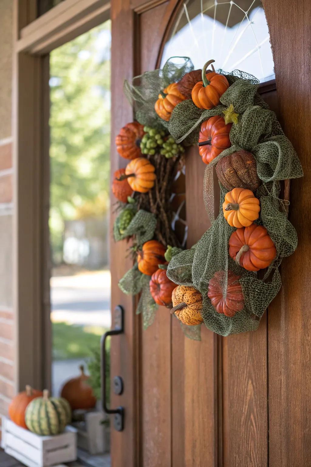 Playful faux pumpkins enliven this deco mesh wreath.