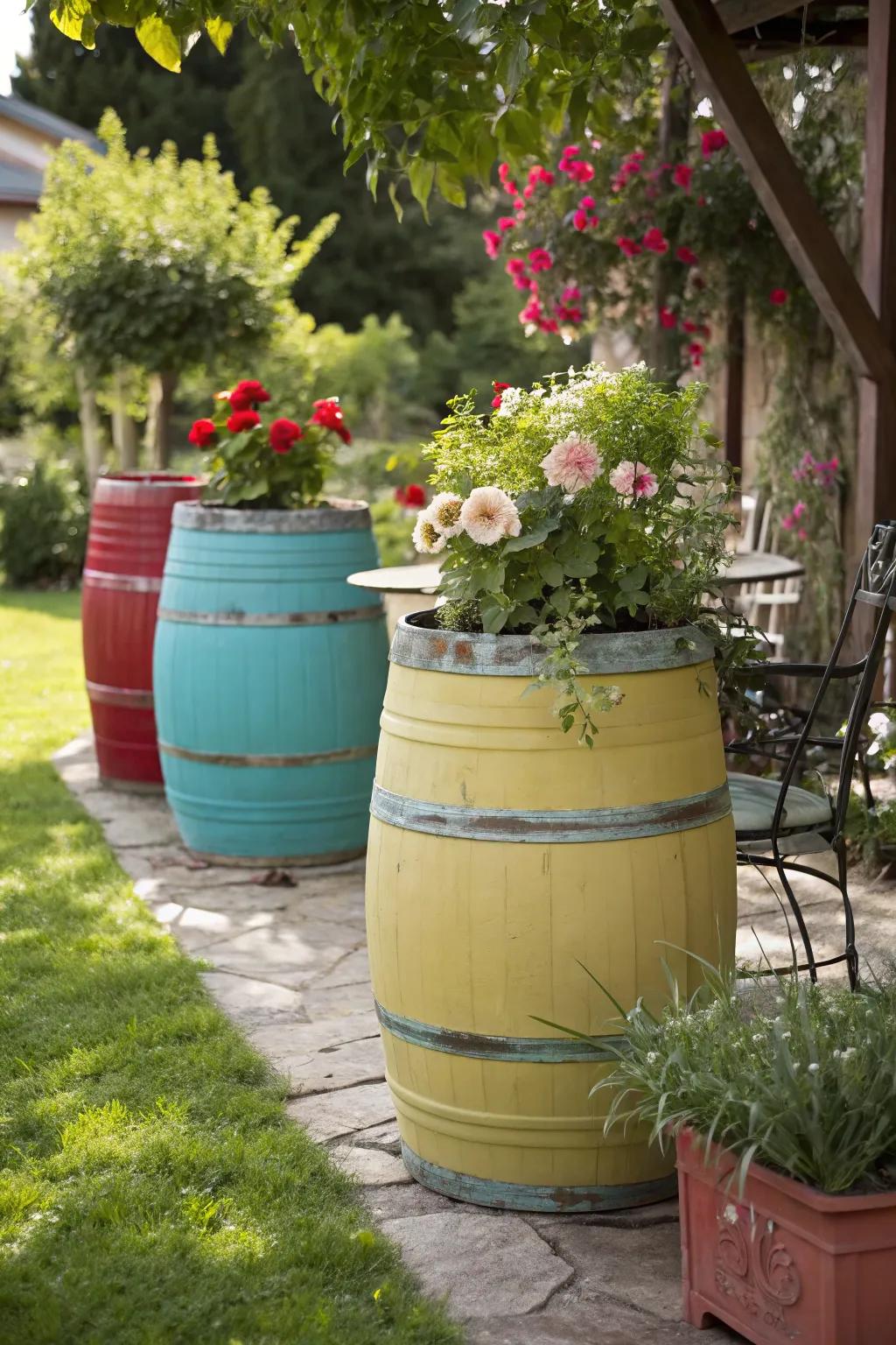 Elegantly repurposed painted barrels