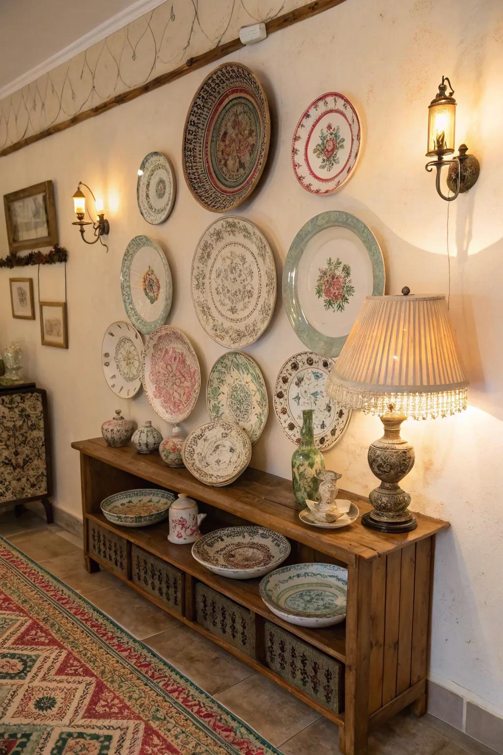 Classic plates provide a nostalgic touch to the decor.