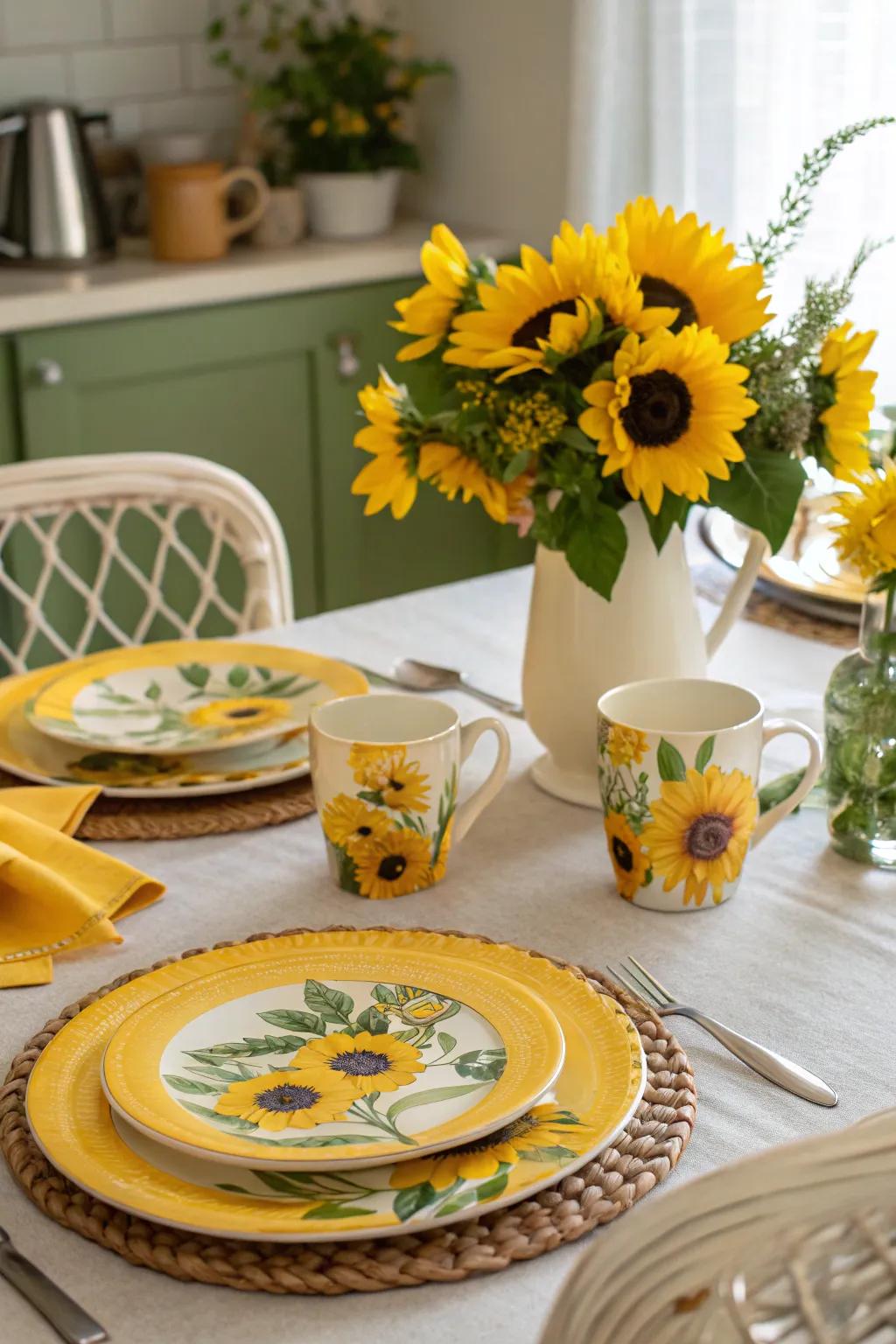 Tableware adorned with sunflowers delivers an explosion of delight to any dining event.
