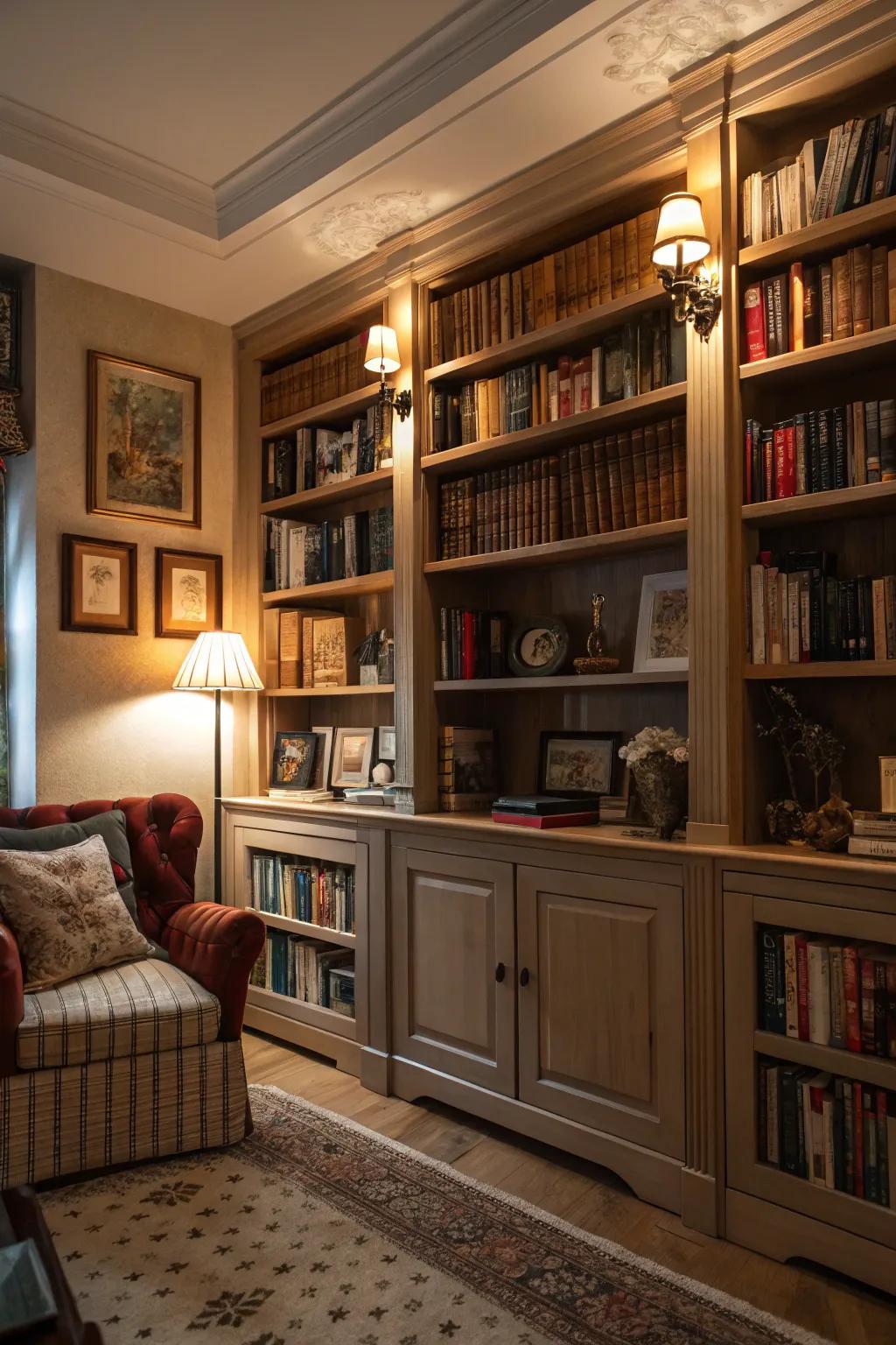 Shelving contributes both design and utility to the sanctuary.