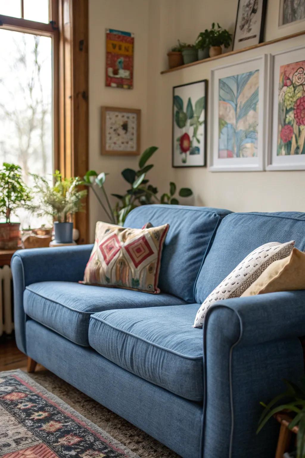 Artistic accents inject warmth into a cerulean couch setting.