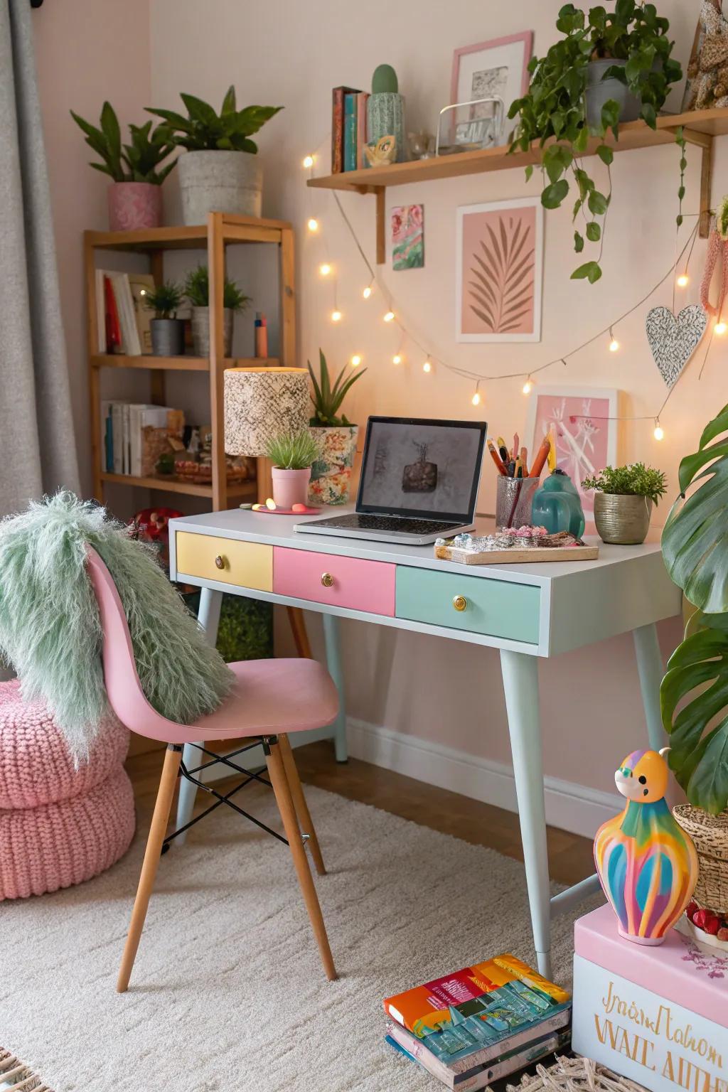 Pastel desks add a playful touch to any creative space.