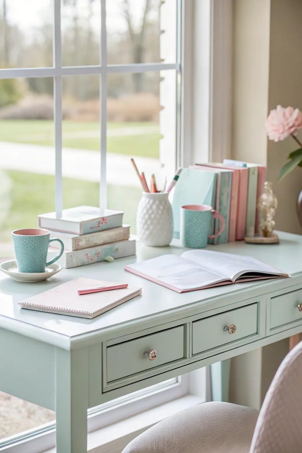 Neutral hues cultivate a peaceful and focused workspace.