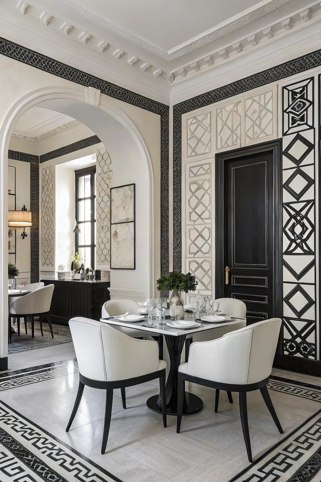 A timeless black and white dining room exuding classic elegance.