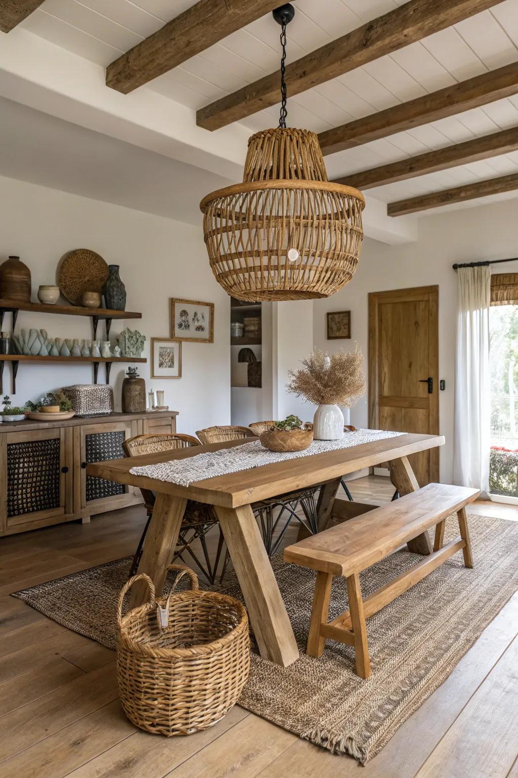 Wooden light units add warmth and natural charm to this dining space.