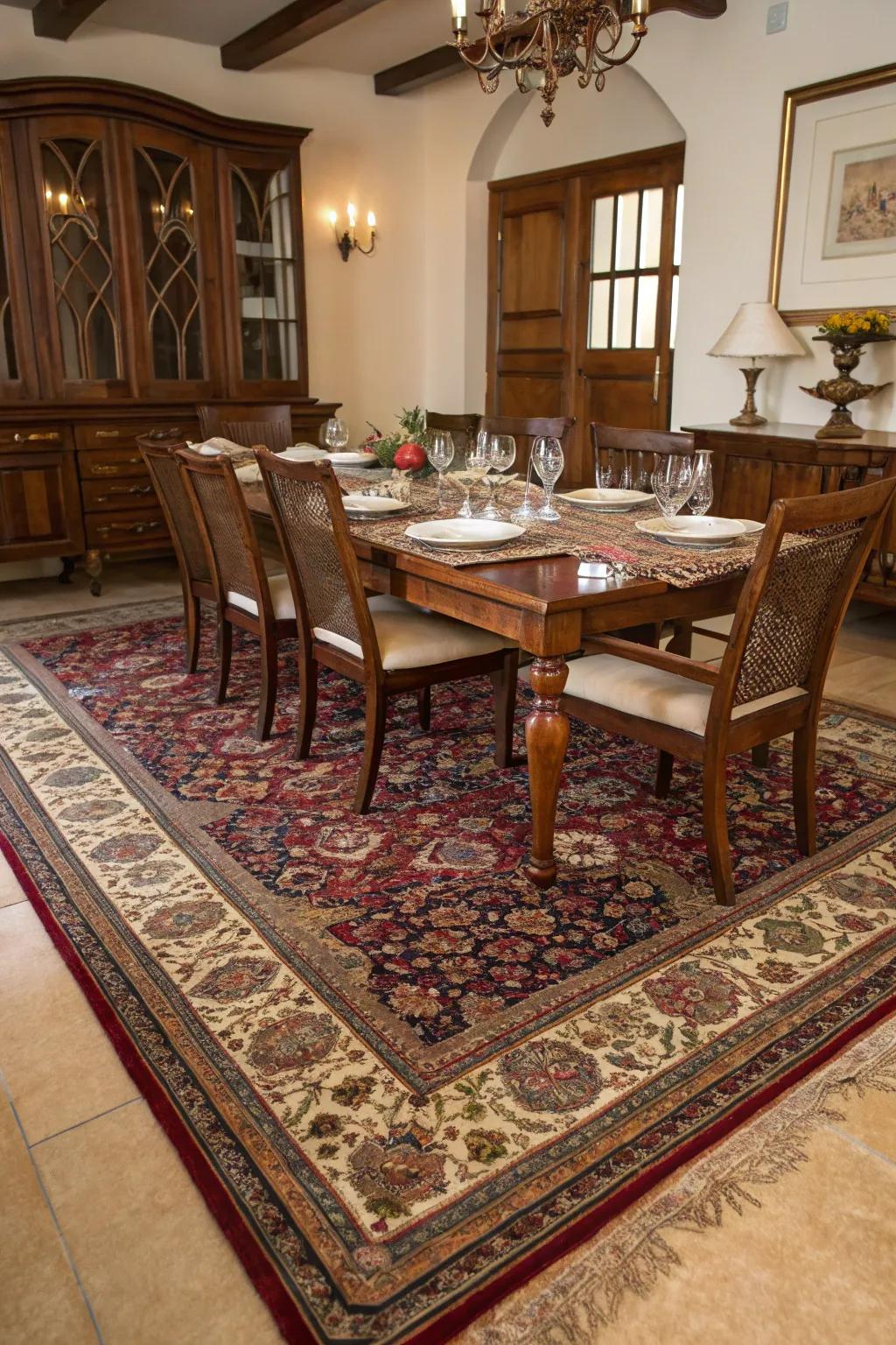 Rugs of Persian extraction bestowing an aura of eternal refinement upon the dining space.