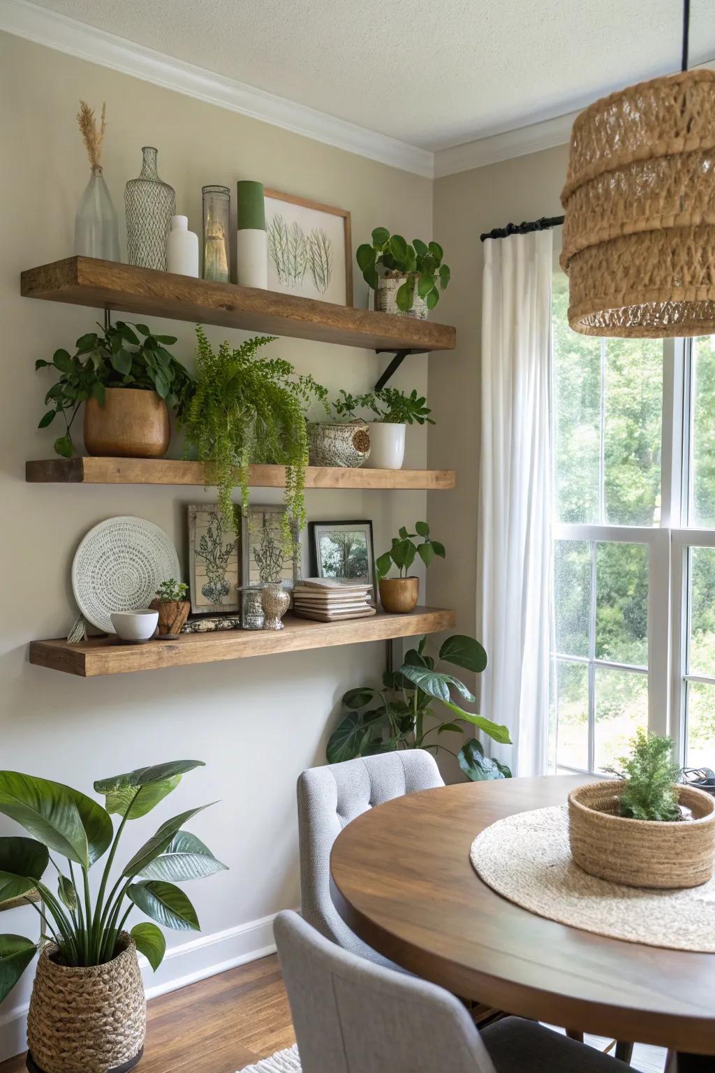 Floating shelves contribute refinement and a personal flourish to the dining room.