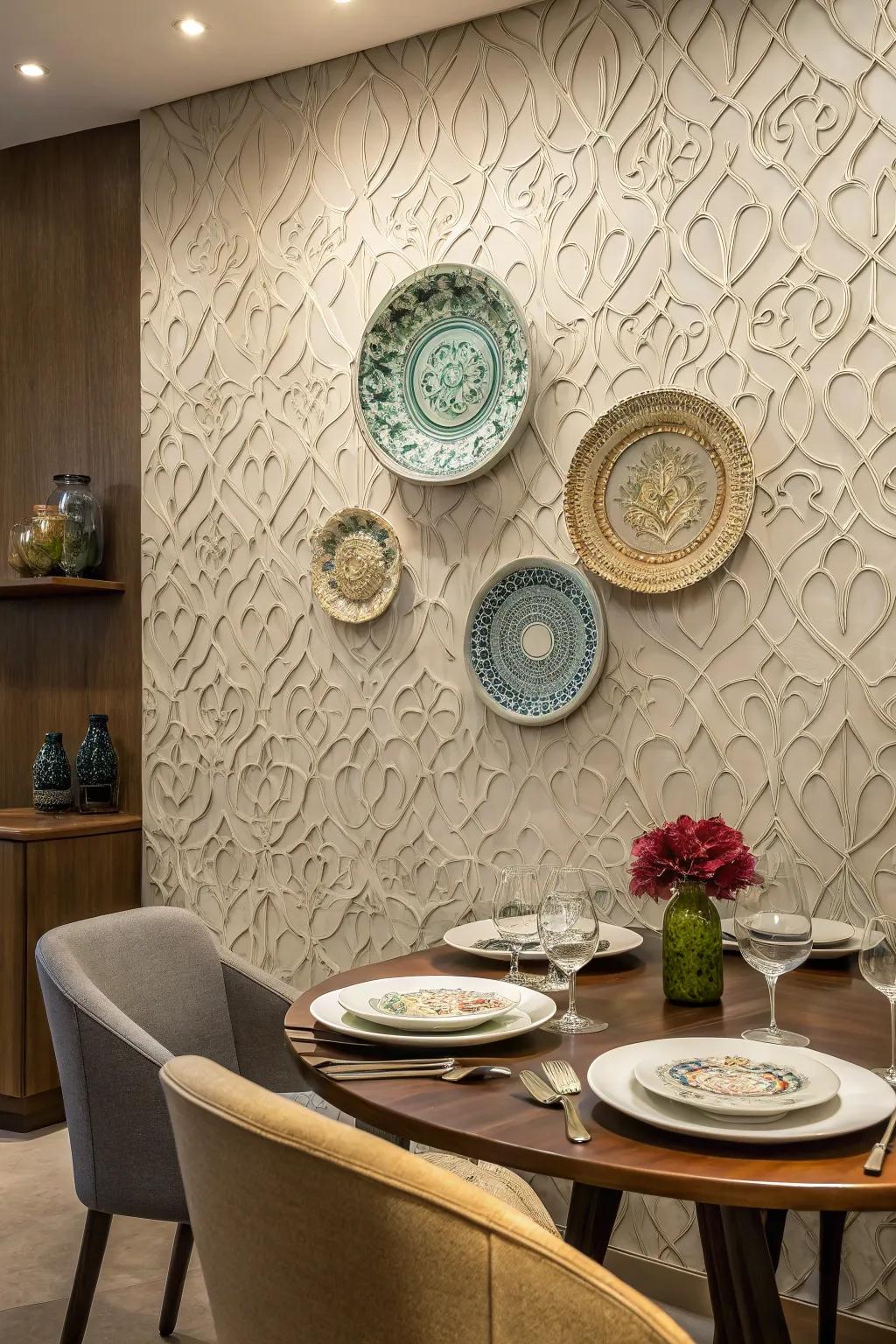 Textured walls infuse both profundity and captivation to plate exhibitions.