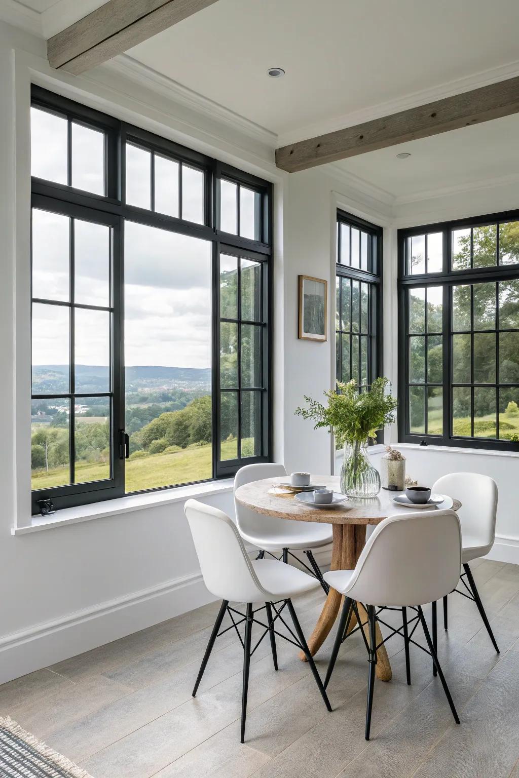 Contrasting frames imbue a dramatic flair to your dining room windows.